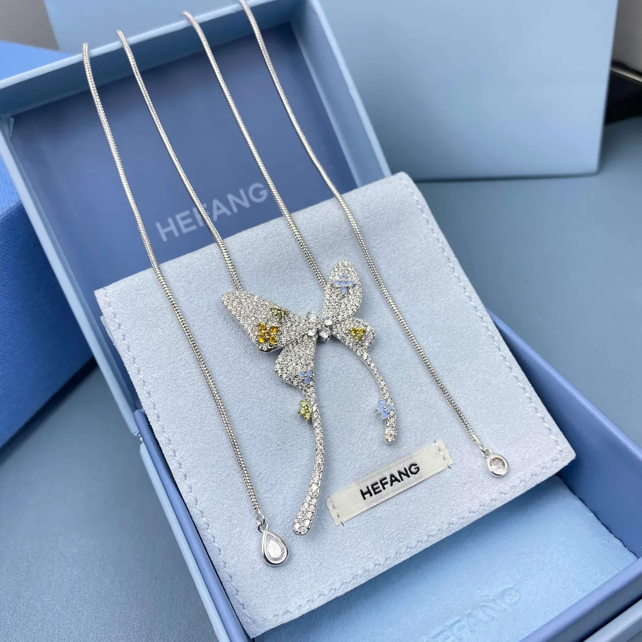 Silver Blue Pavé-Set Butterfly Pendant Multi-Stone Floral Accents Necklace 9