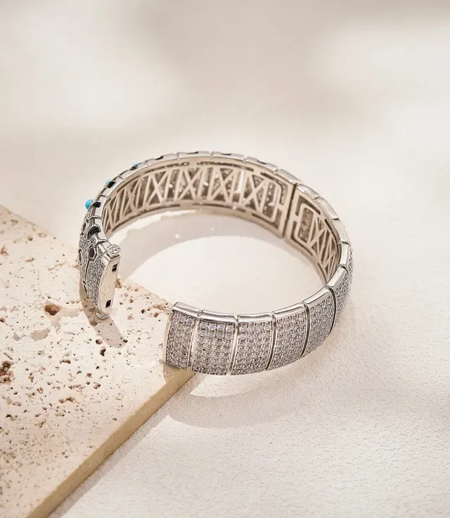 Silver Blue Pavé-Set Diamonds Geometric Black Enamel Motifs Bracelet 2