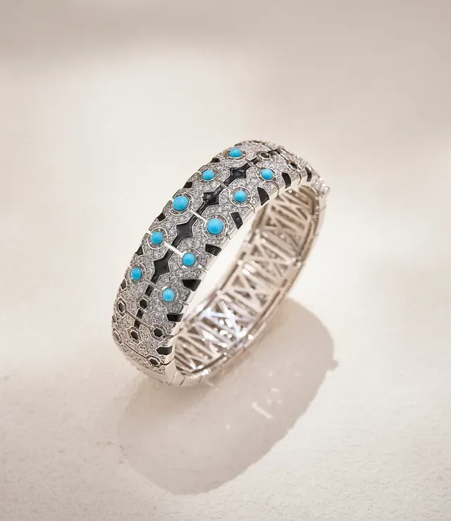 Silver Blue Pavé-Set Diamonds Geometric Black Enamel Motifs Bracelet 6