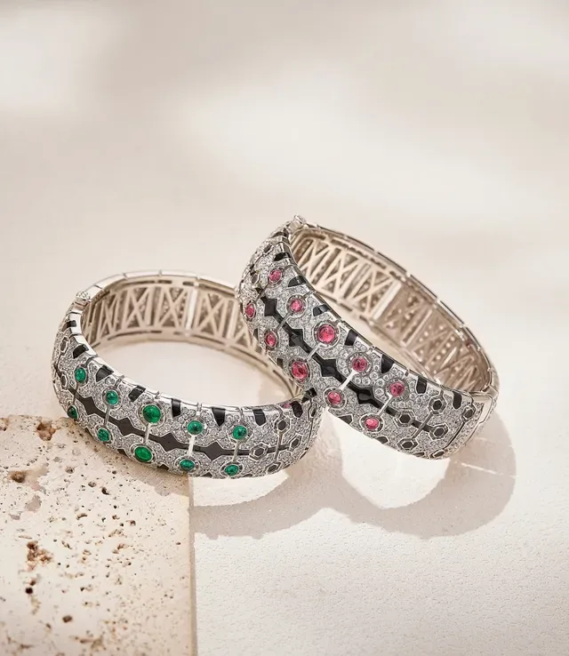 Silver Blue Pavé-Set Diamonds Geometric Black Enamel Motifs Bracelet 7