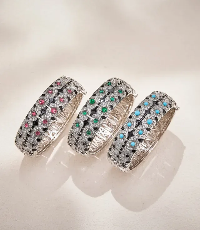 Silver Blue Pavé-Set Diamonds Geometric Black Enamel Motifs Bracelet 8
