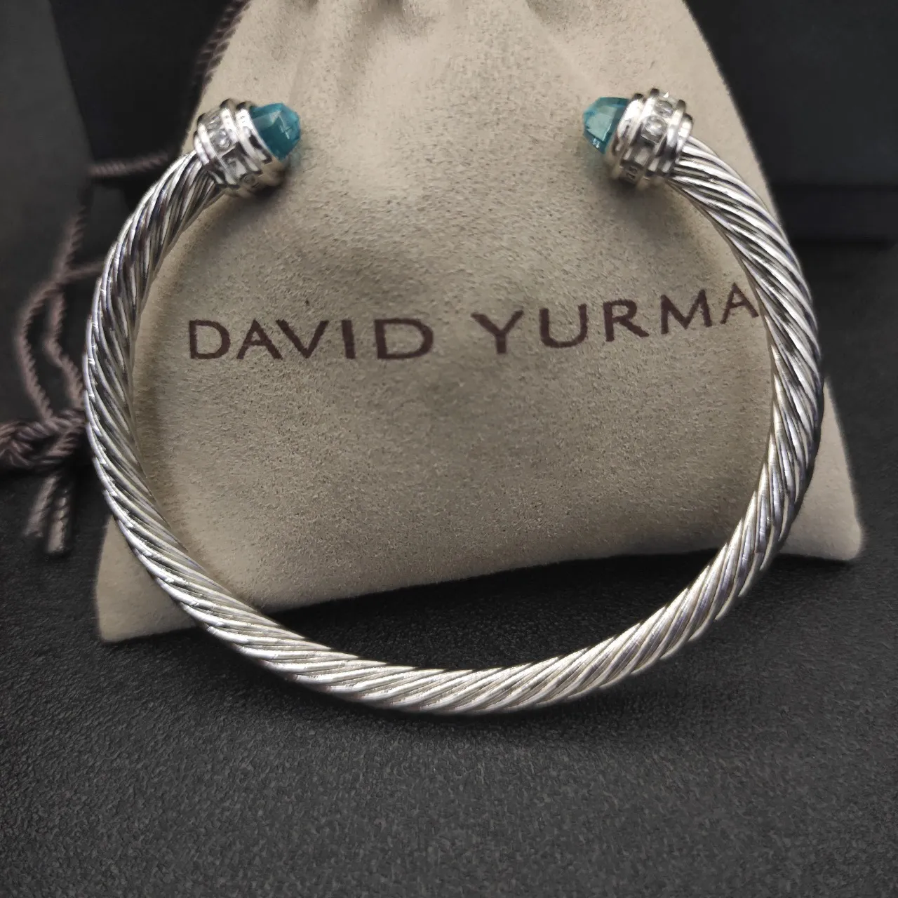 Silver Blue Twisted Cable Faceted Gemstone Ends Bracelet 2
