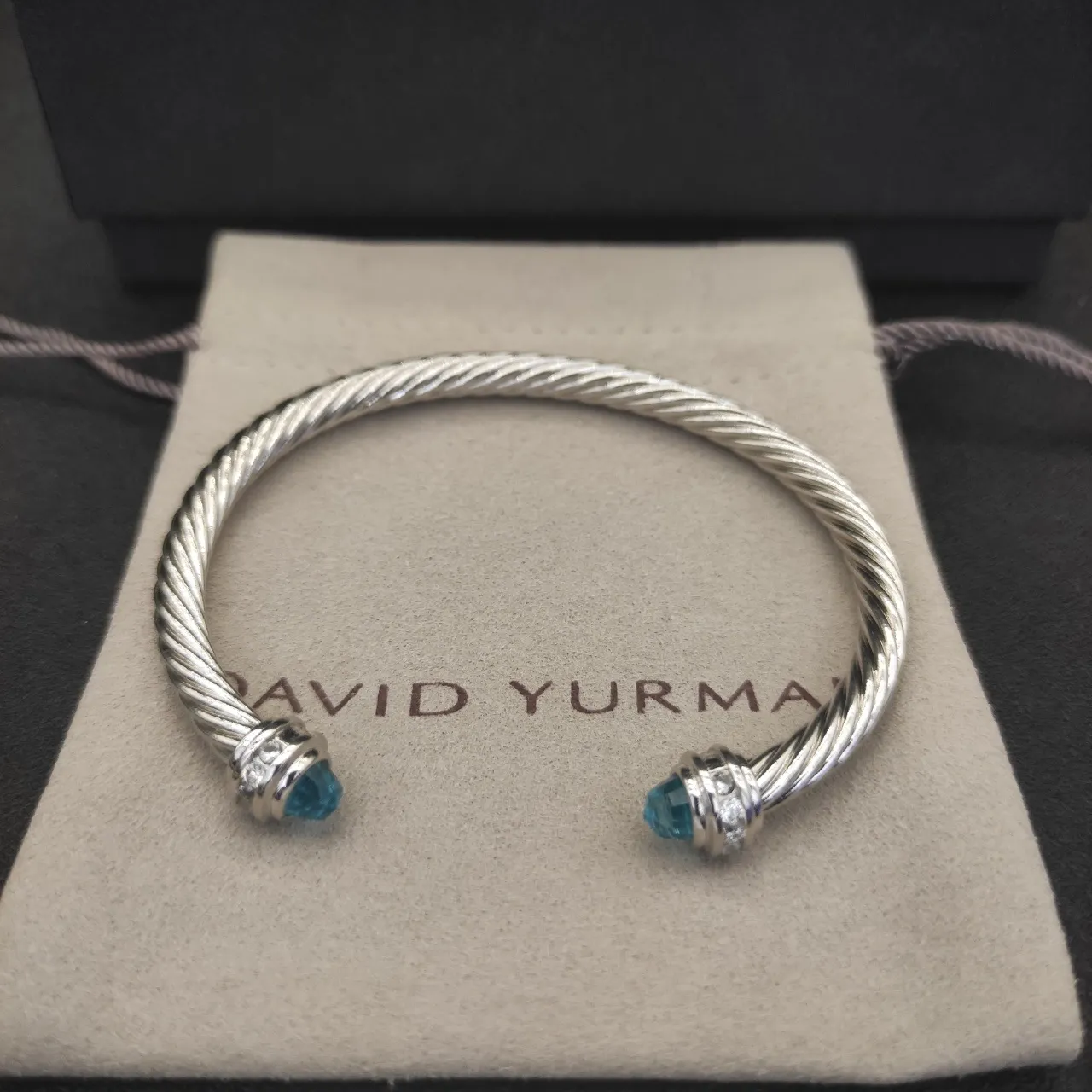 Silver Blue Twisted Cable Faceted Gemstone Ends Bracelet 4