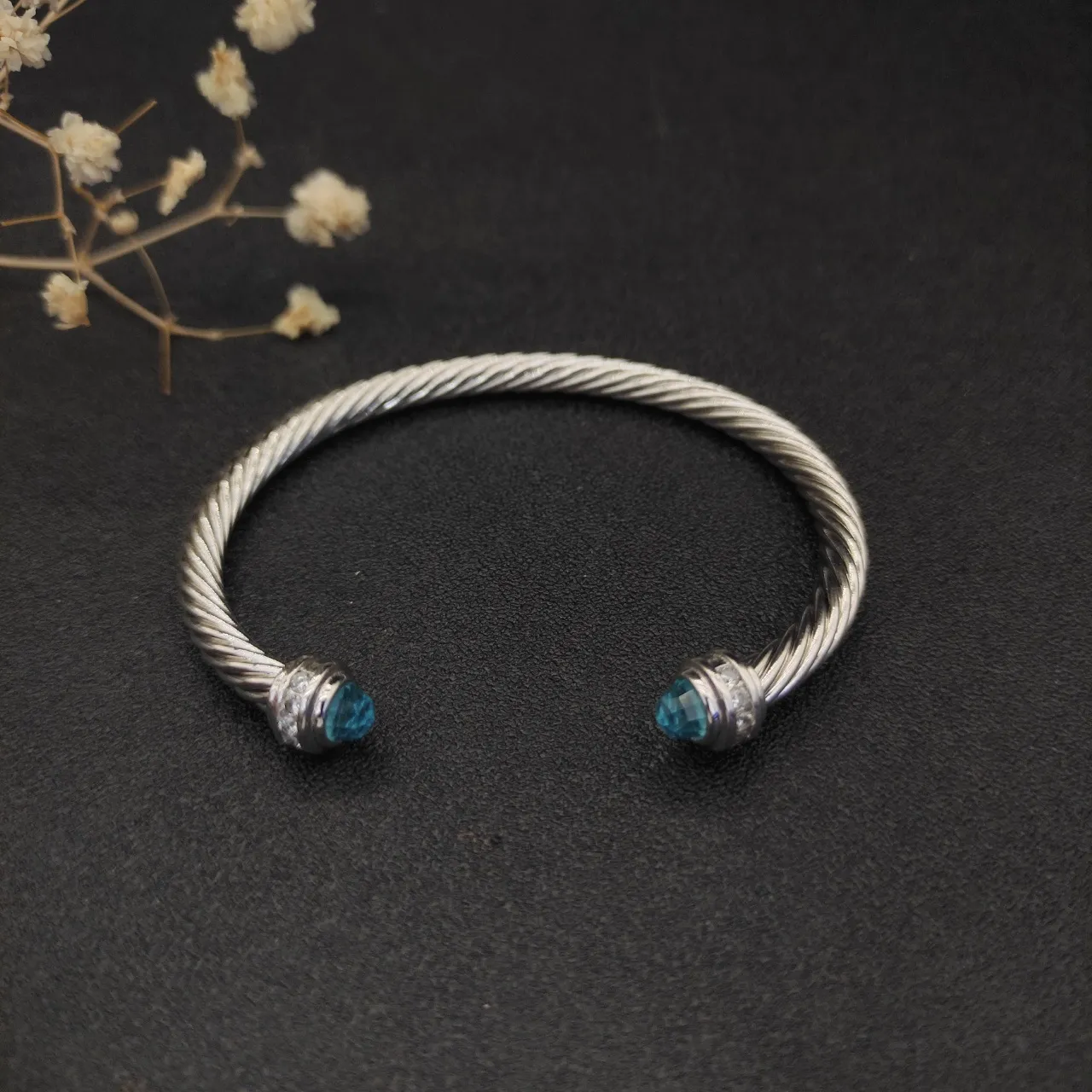 Silver Blue Twisted Cable Faceted Gemstone Ends Bracelet 8