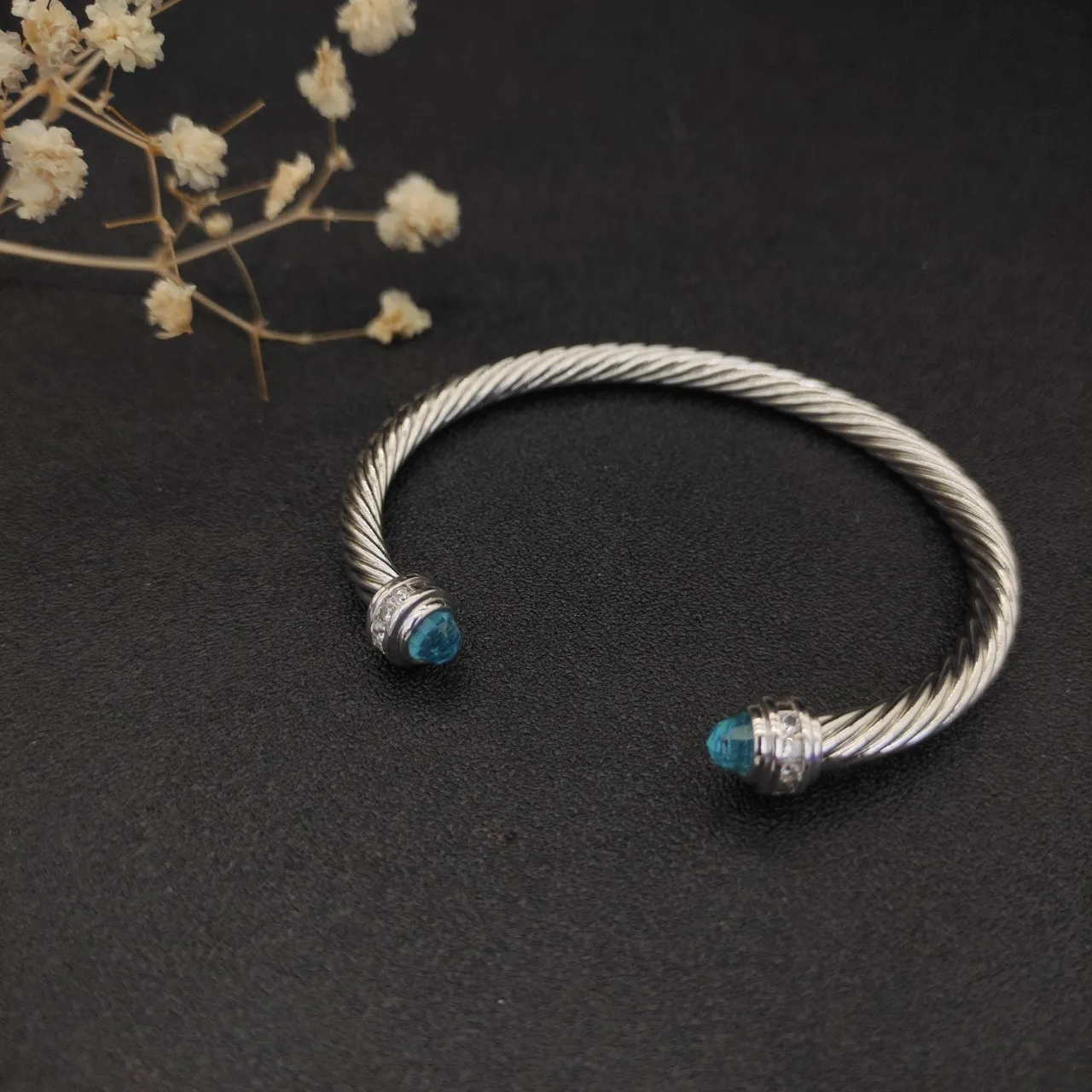 Silver Blue Twisted Cable Faceted Gemstone Ends Bracelet 9