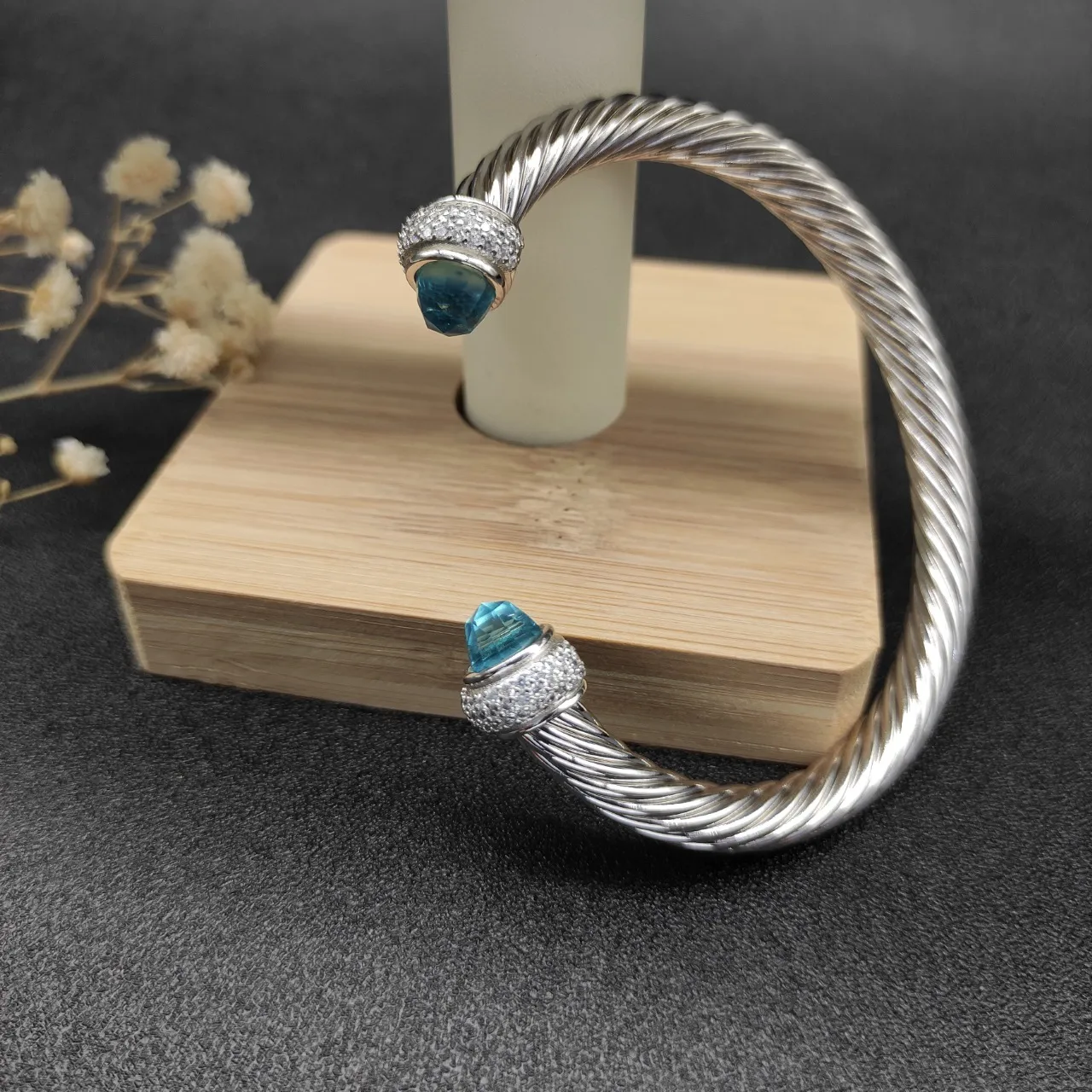 Silver Blue Twisted Cable Faceted Gemstone Terminals Bracelet 3