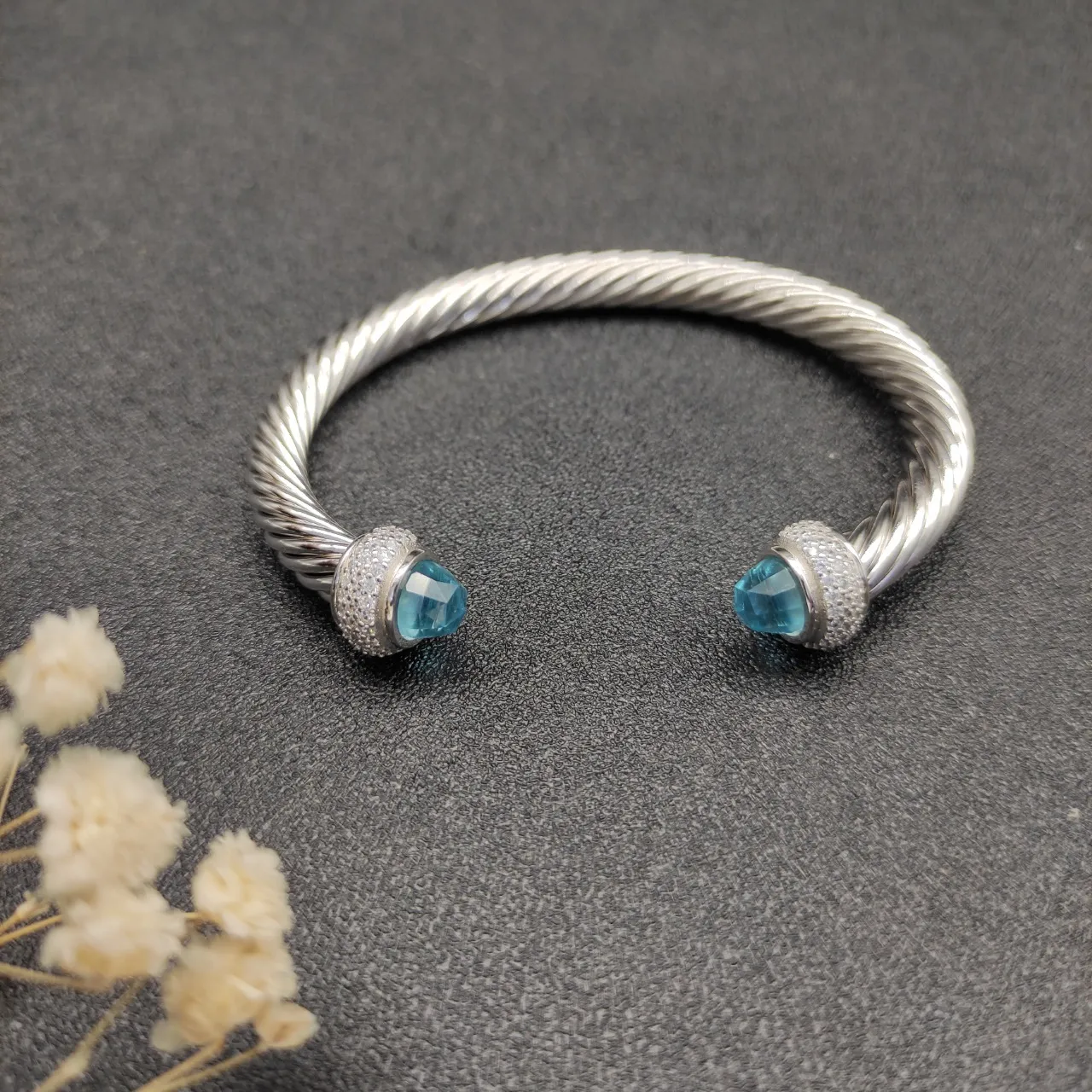 Silver Blue Twisted Cable Faceted Gemstone Terminals Bracelet 5