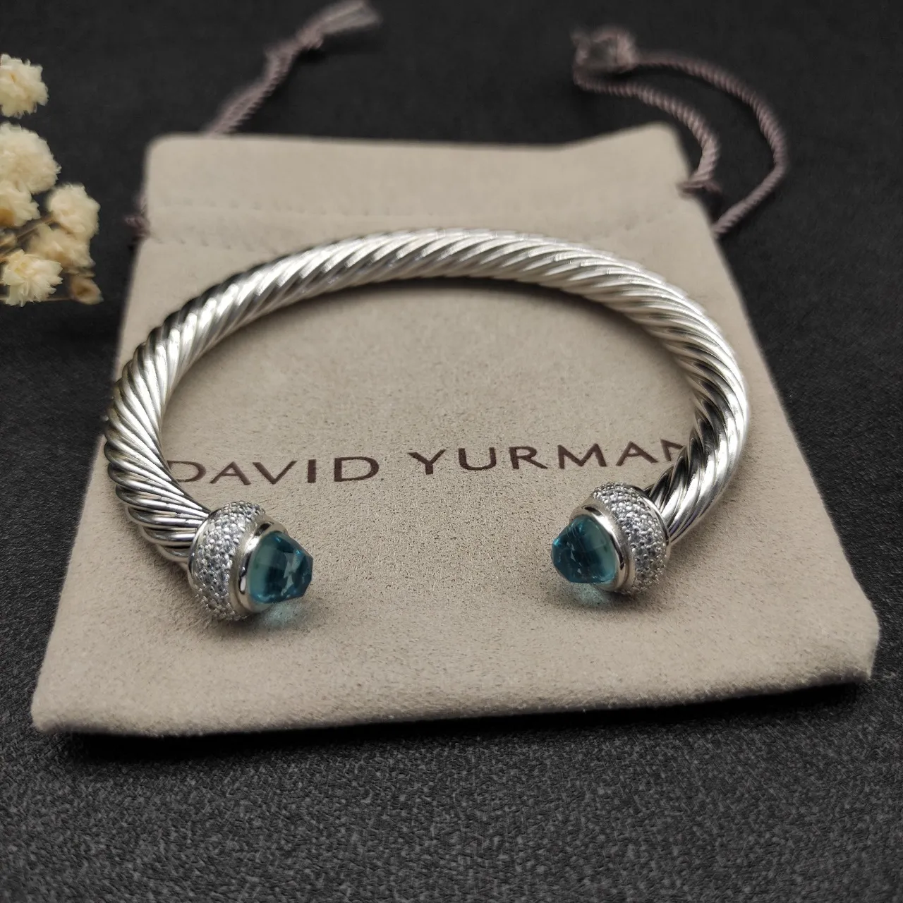 Silver Blue Twisted Cable Faceted Gemstone Terminals Bracelet 7