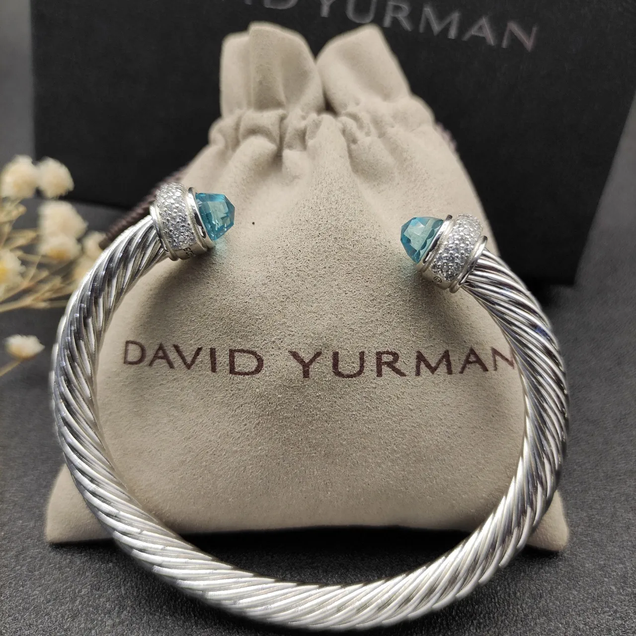 Silver Blue Twisted Cable Faceted Gemstone Terminals Bracelet 8