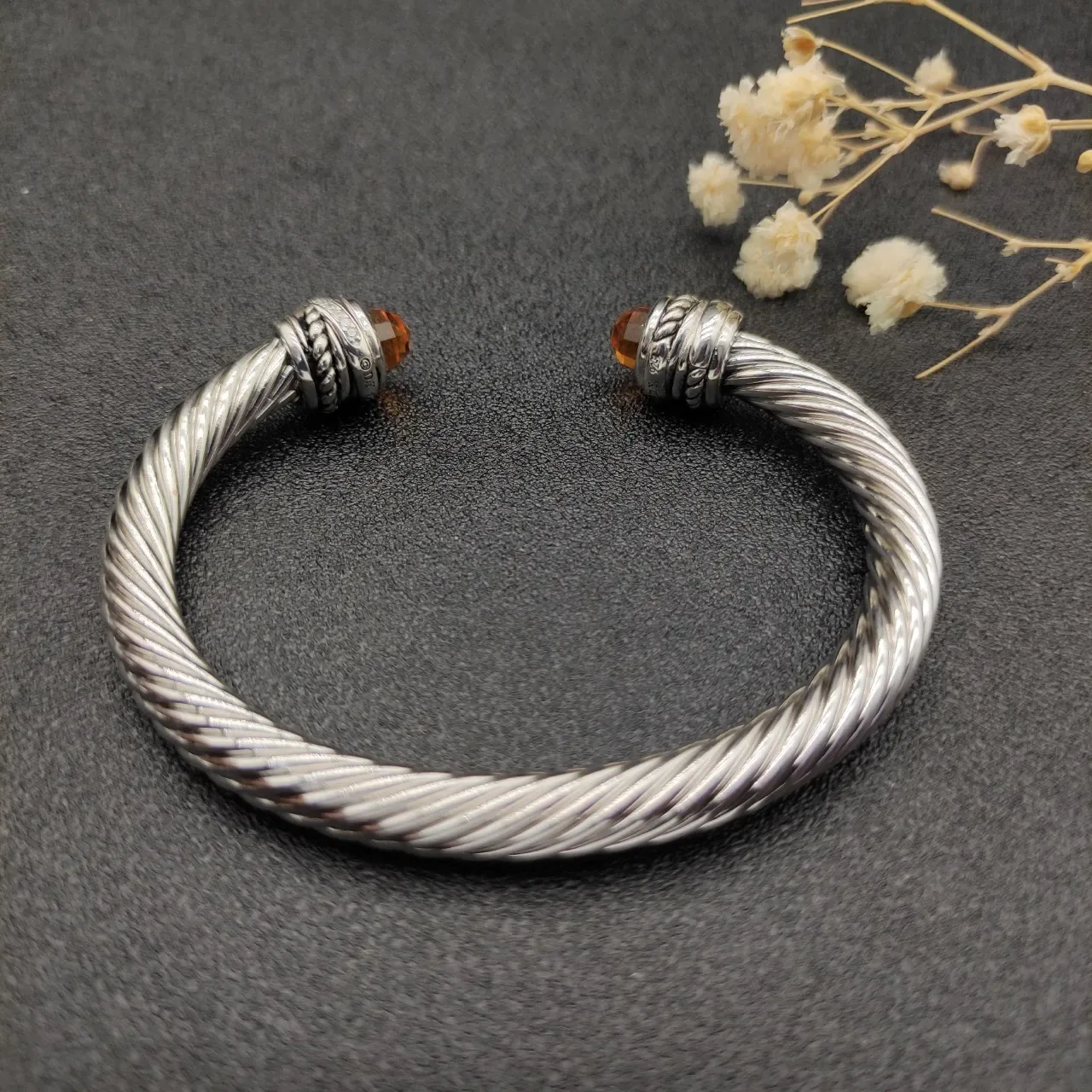 Silver Brown Twisted Cable Construction Faceted Amber Gemstone Terminals Jewelry 7