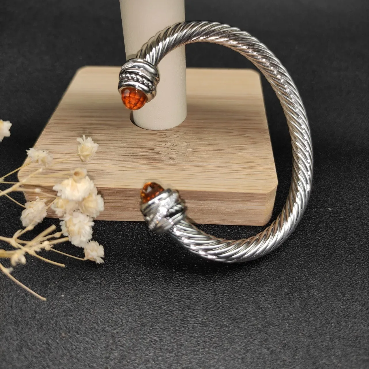 Silver Brown Twisted Cable Construction Faceted Amber Gemstone Terminals Jewelry 8