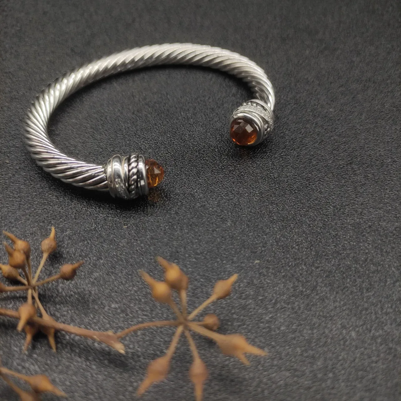 Silver Brown Twisted Cable Construction Faceted Amber Gemstone Terminals Jewelry 9