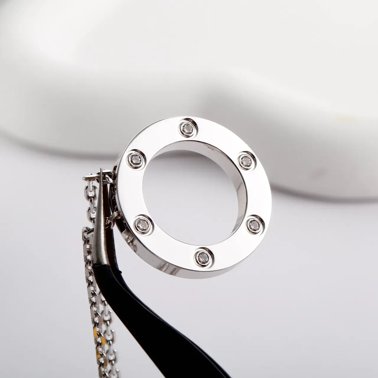 Silver Circular Open-Ring Pendant Six Bezel-Set Clear Stones Necklace 6