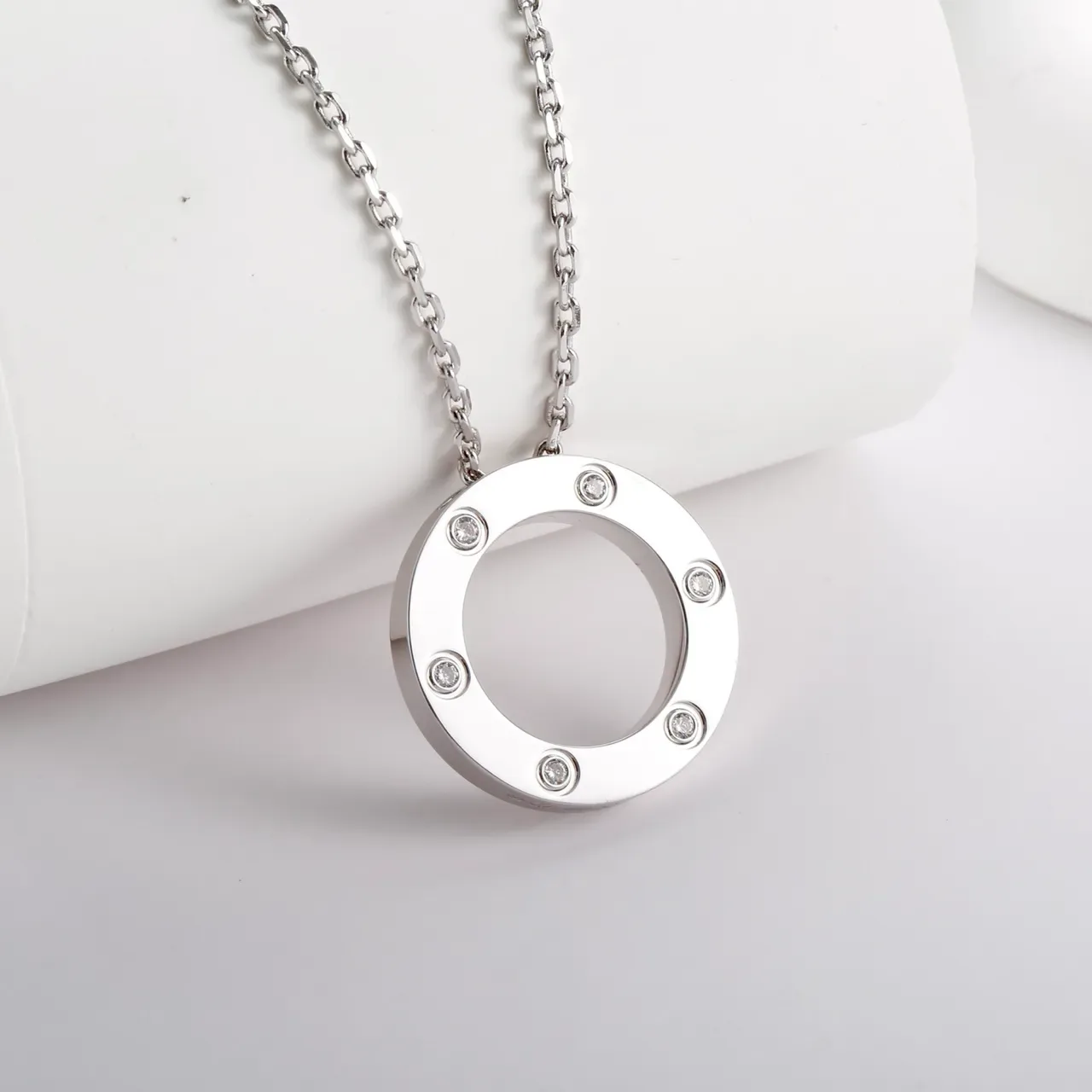 Silver Circular Open-Ring Pendant Six Bezel-Set Clear Stones Necklace 7