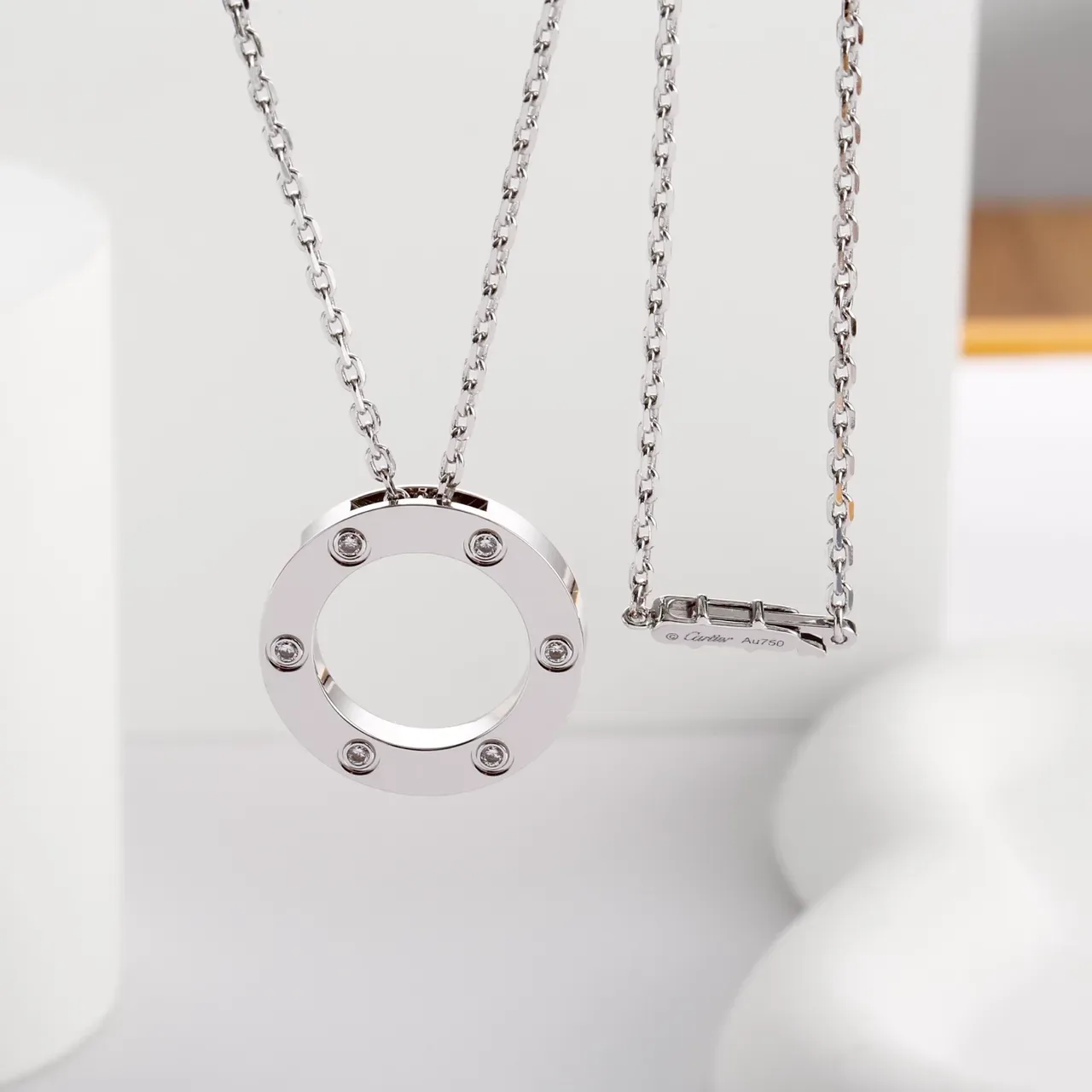 Silver Circular Open-Ring Pendant Six Bezel-Set Clear Stones Necklace 8