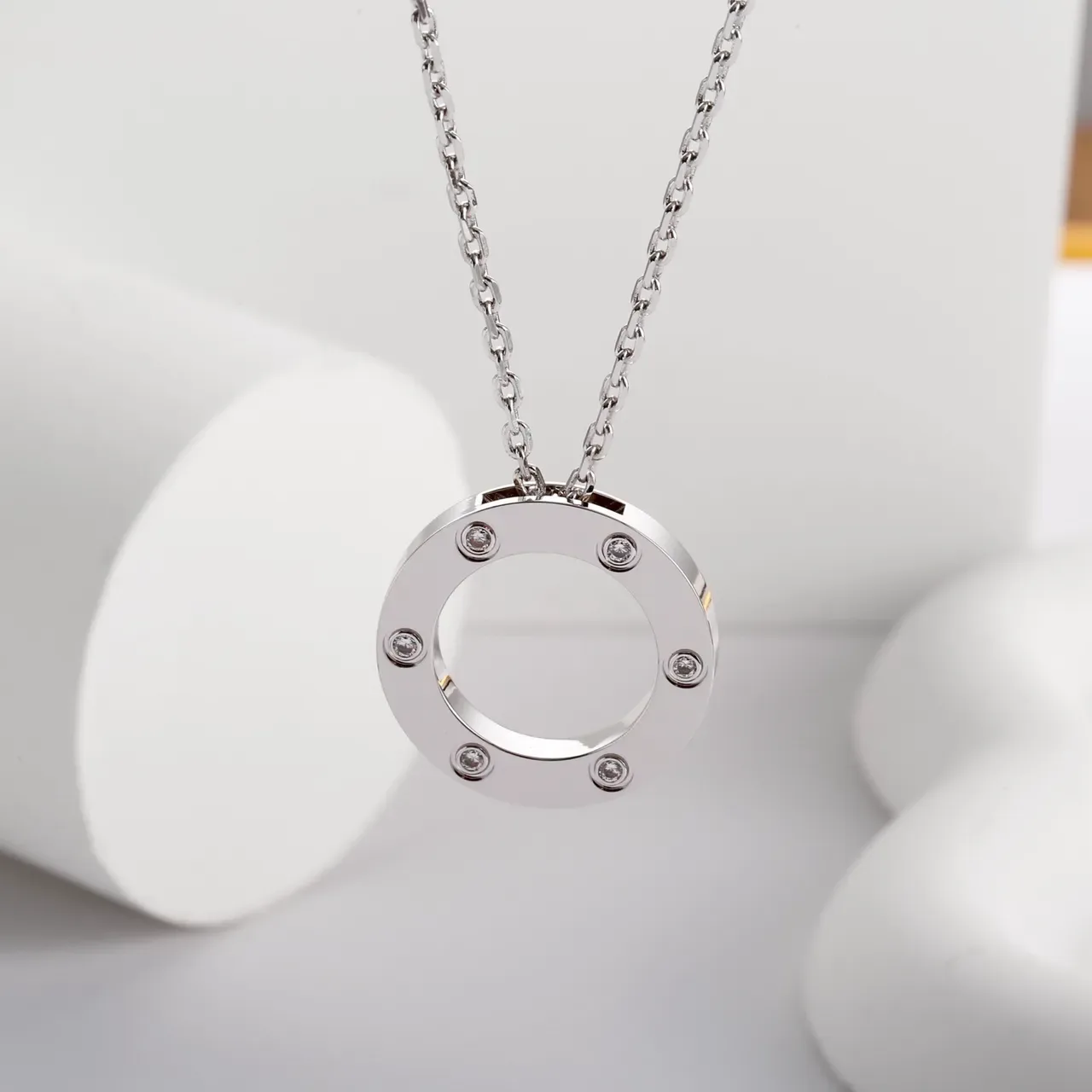 Silver Circular Open-Ring Pendant Six Bezel-Set Clear Stones Necklace 9