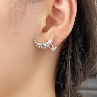 Silver Crescent Moon and Star Crystal Earring