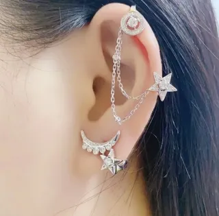 Silver Crescent Moon and Star Crystal Earring 8