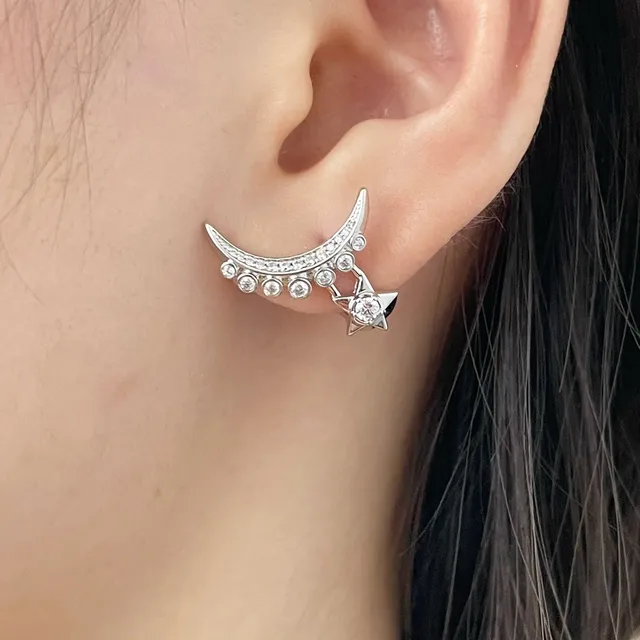 Silver Crescent Moon and Star Crystal Earring 9