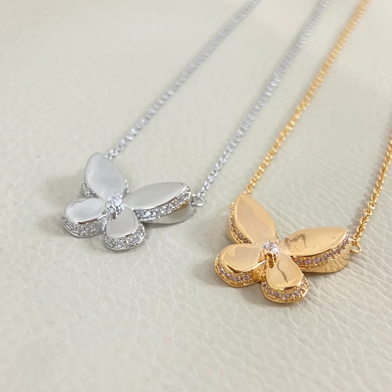 Silver Gold Butterfly Pendant Enamel Petal Finish Necklace 2