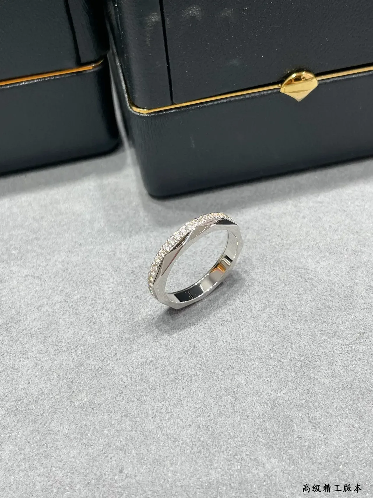 Silver Gold Faceted Geometric Band Pavé Diamond Edge Ring 4