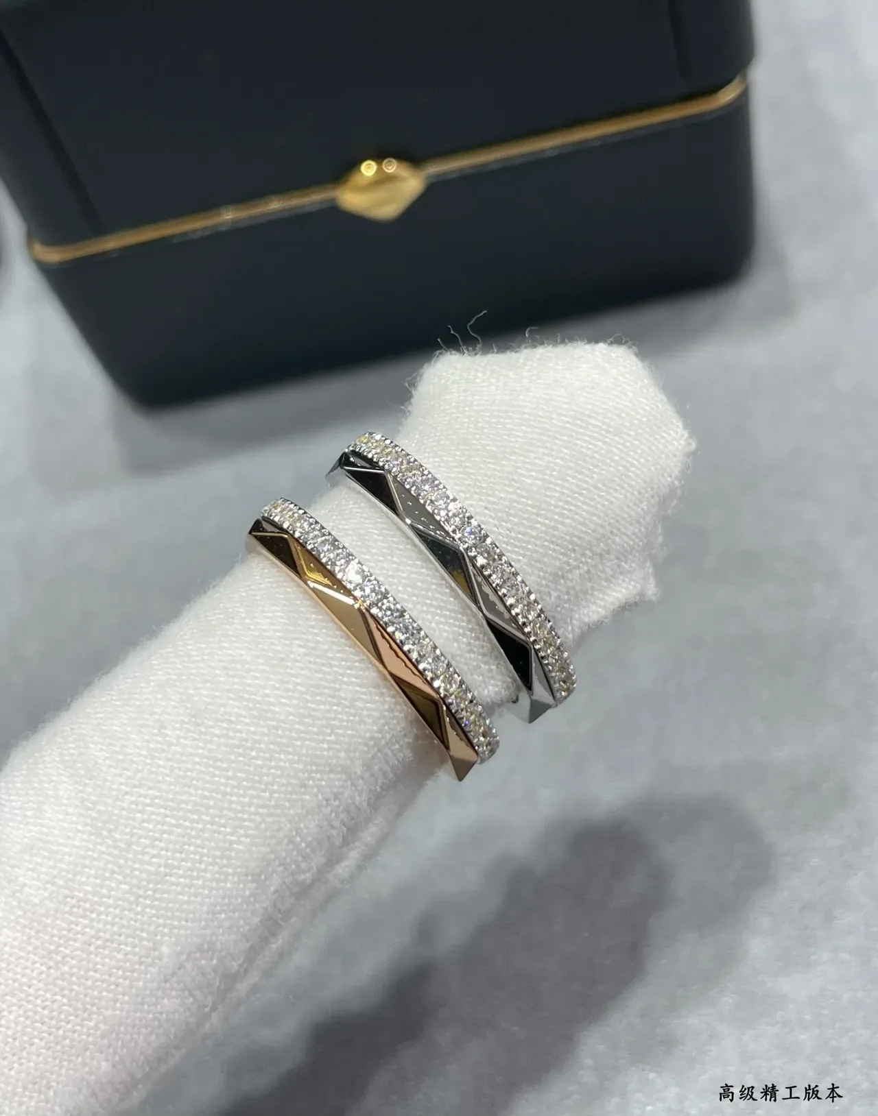 Silver Gold Faceted Geometric Band Pavé Diamond Edge Ring 6