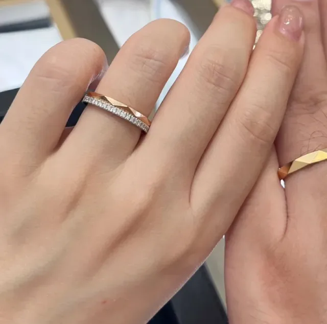 Silver Gold Faceted Geometric Band Pavé Diamond Edge Ring 7
