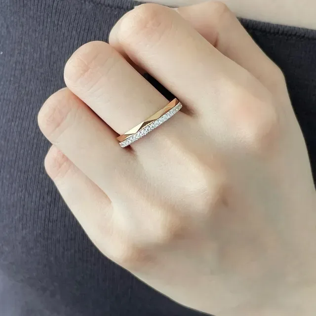 Silver Gold Faceted Geometric Band Pavé Diamond Edge Ring 9