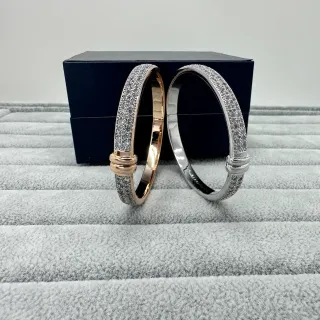 Silver Gold Pavé Crystal-Encrusted Hinged Bangle Bracelet