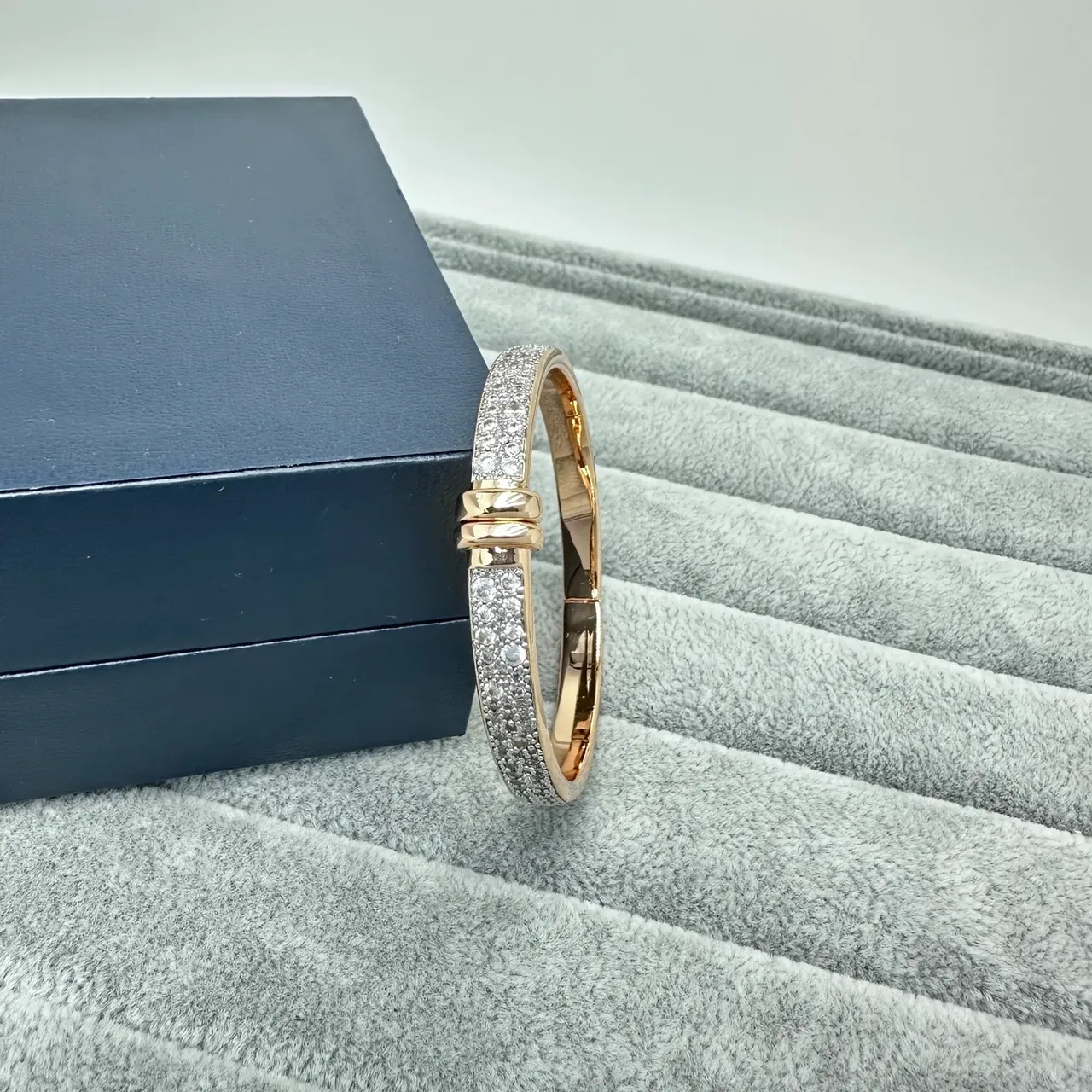 Silver Gold Pavé Crystal-Encrusted Hinged Bangle Bracelet 2