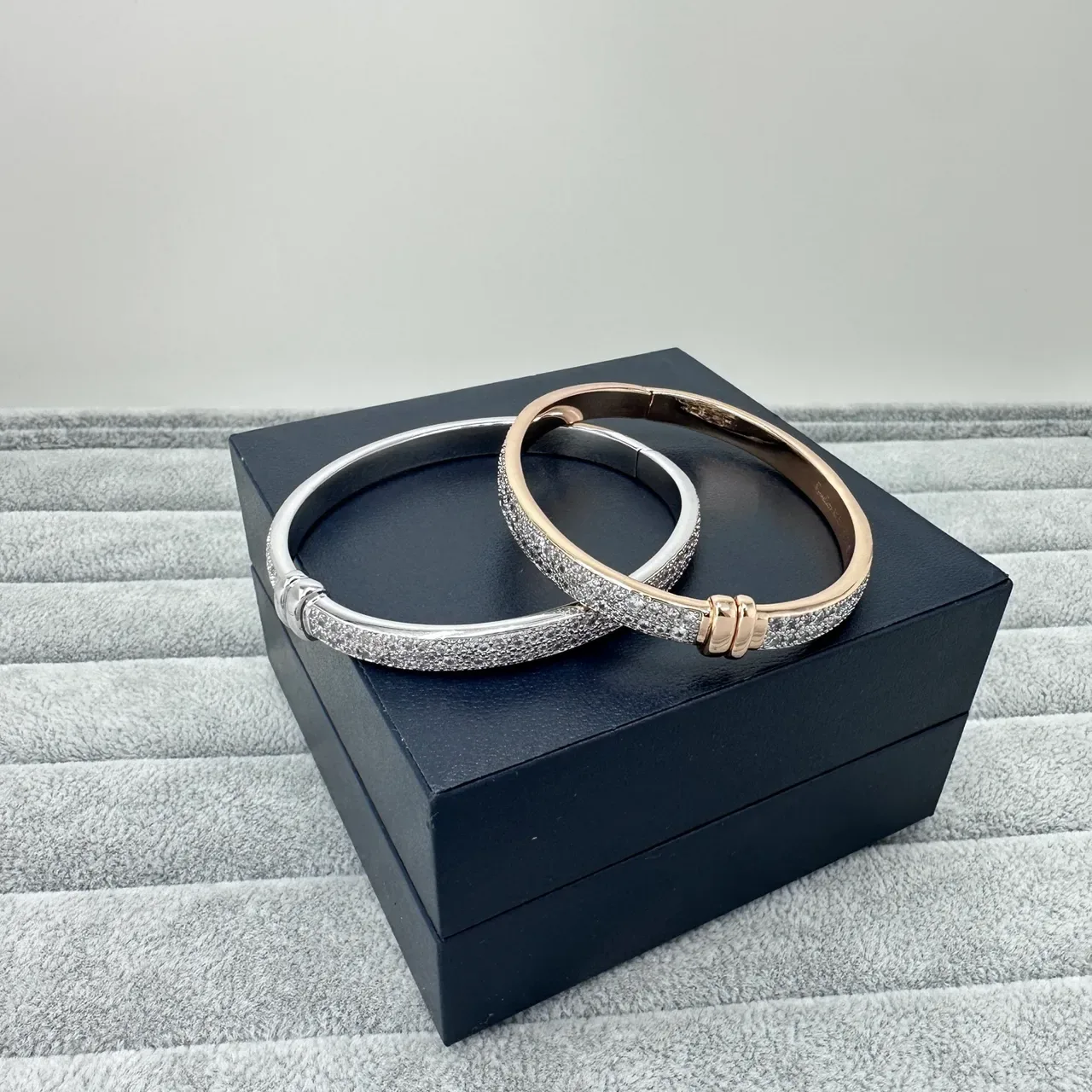 Silver Gold Pavé Crystal-Encrusted Hinged Bangle Bracelet 3