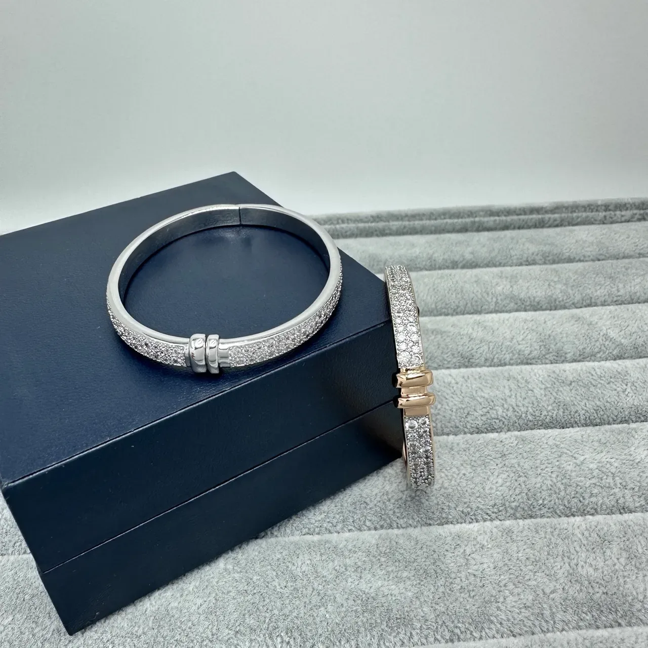 Silver Gold Pavé Crystal-Encrusted Hinged Bangle Bracelet 4