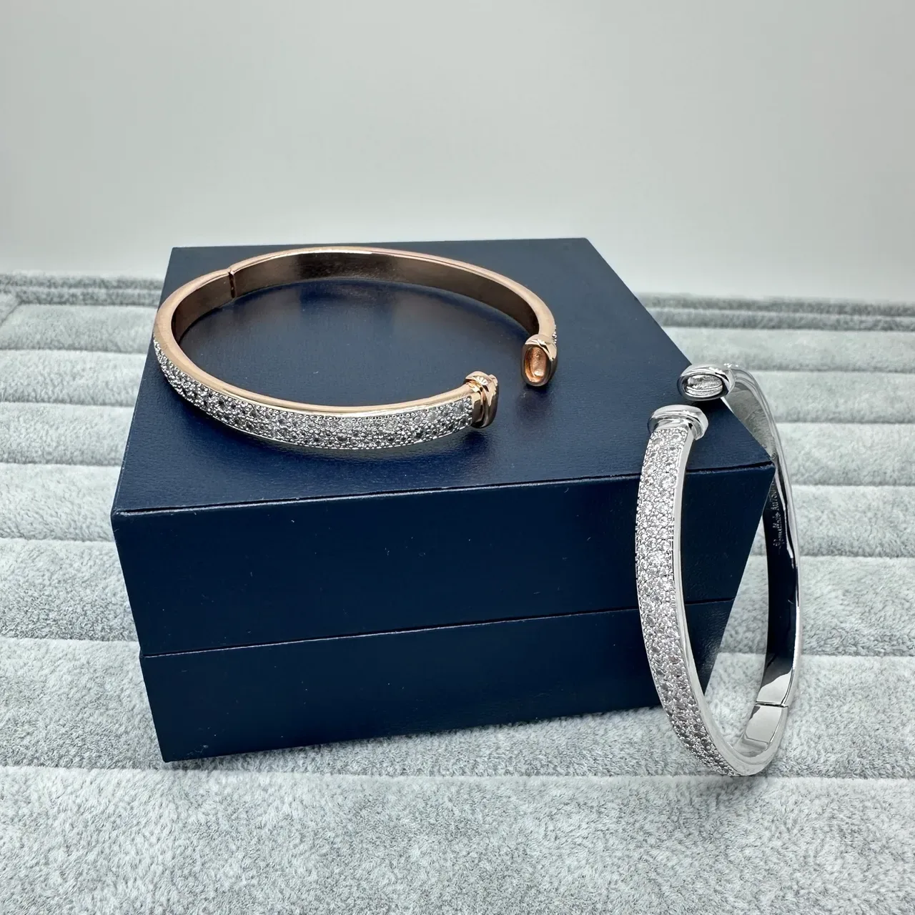Silver Gold Pavé Crystal-Encrusted Hinged Bangle Bracelet 6