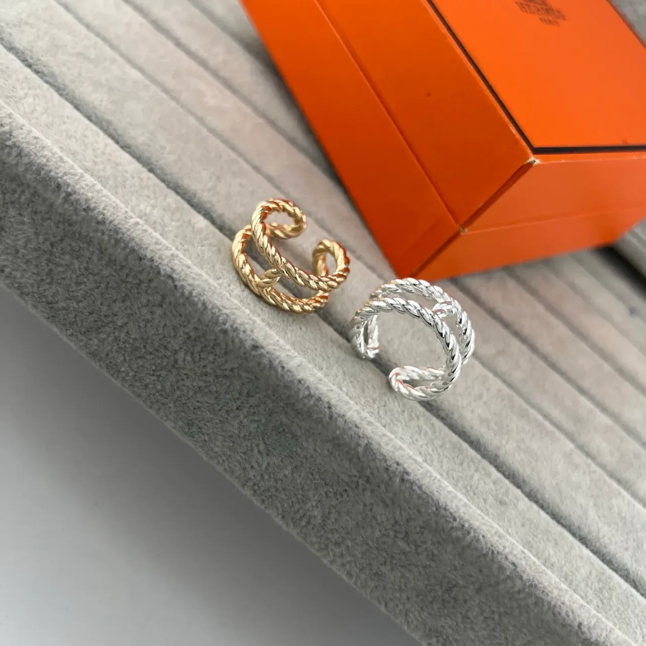 Silver Gold Twisted Rope Texture Open Adjustable Band Ring 4