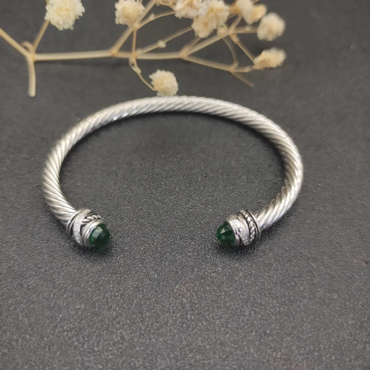 Silver Green Twisted Rope Cable Cuff-Style Bracelet 3