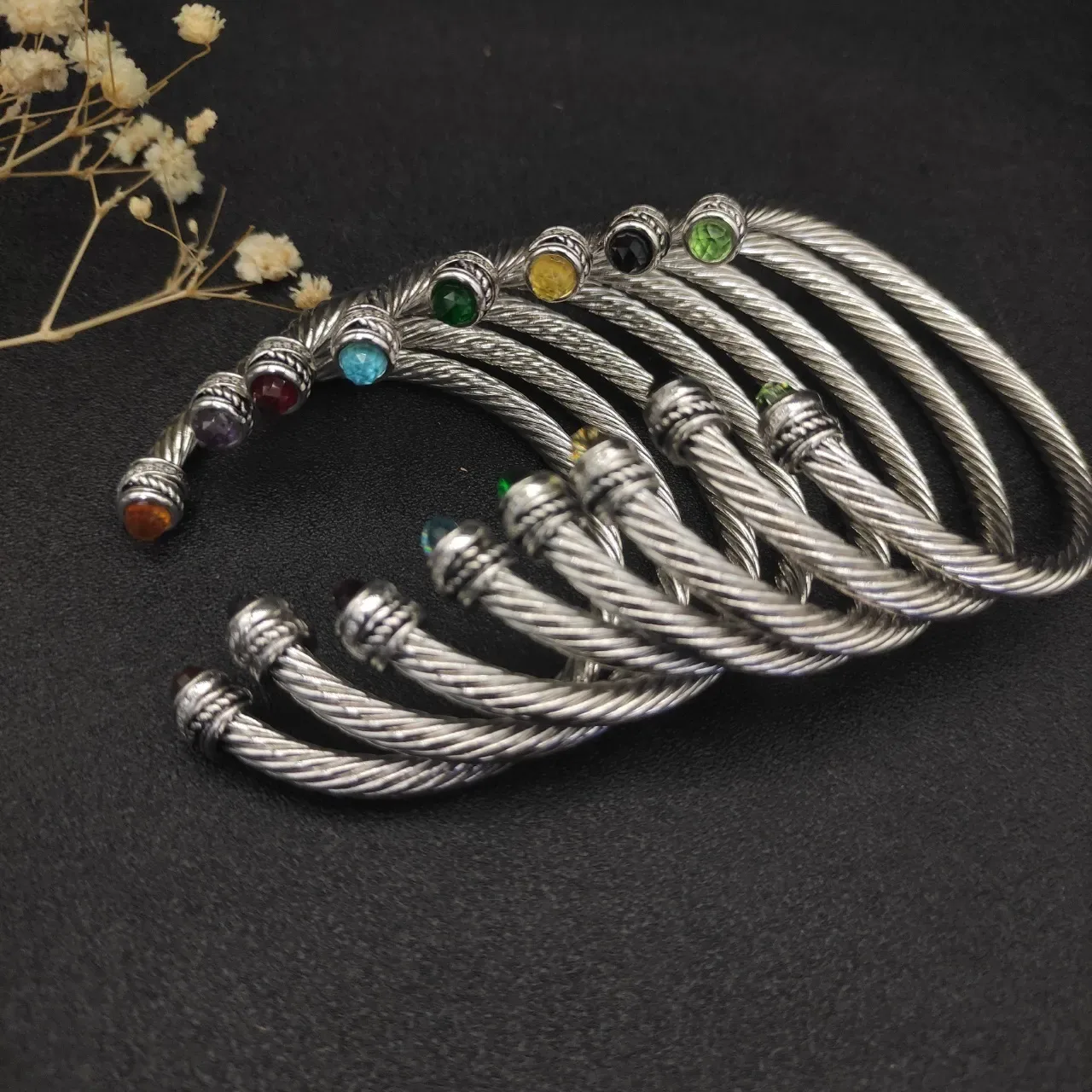 Silver Green Twisted Rope Cable Cuff-Style Bracelet 6