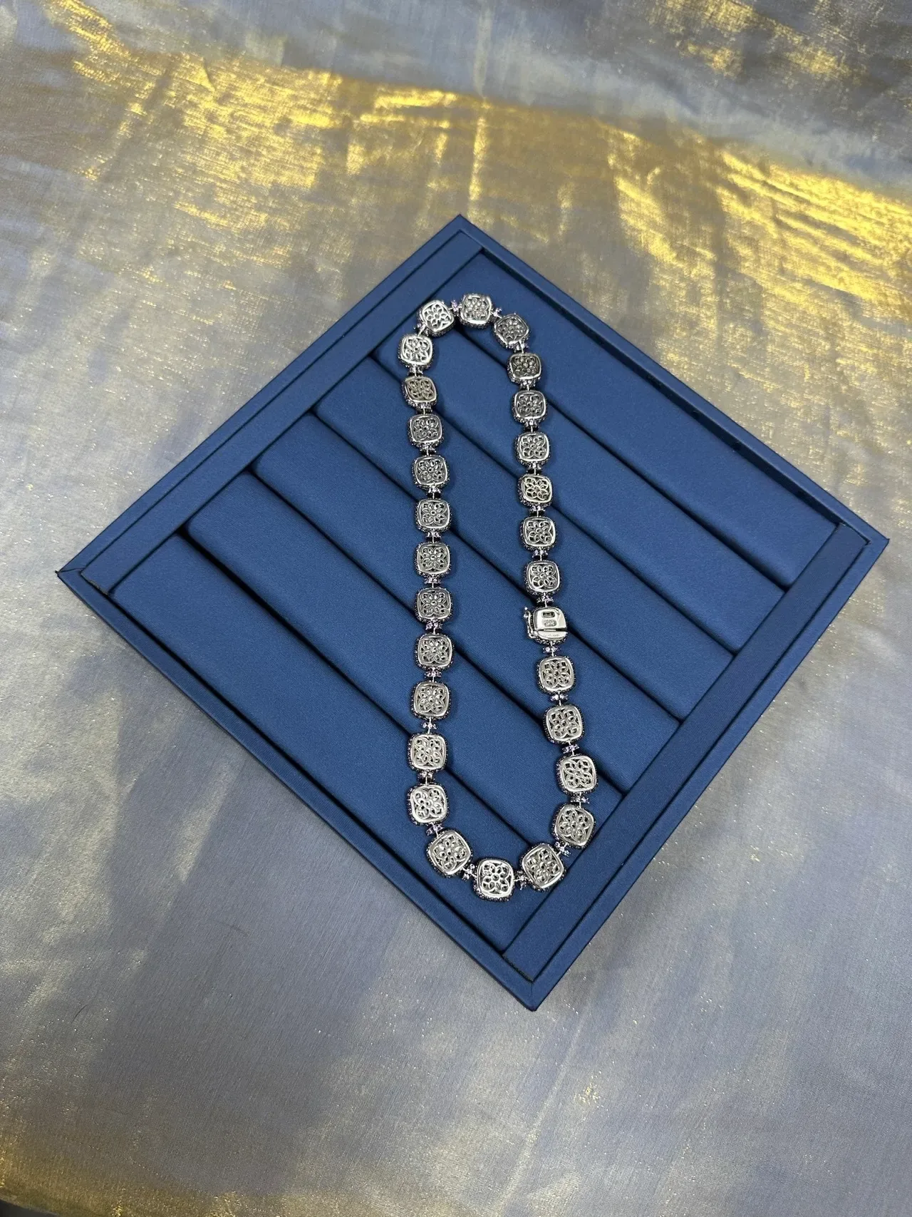 Silver Navy Pavé-Set Faceted Beads Graduated Oval And Round Necklace 4