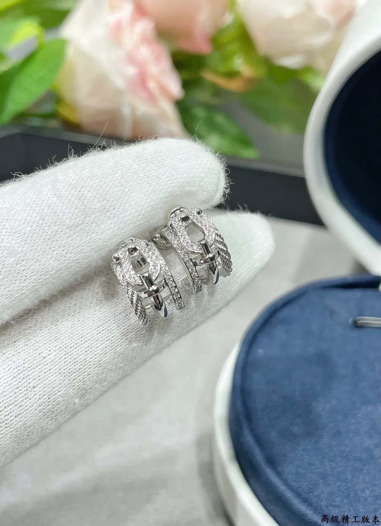 Silver Navy Pavé-Set Openwork Earrings 5