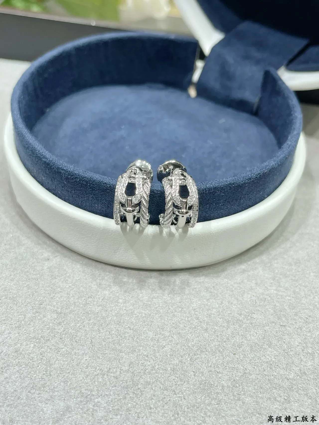 Silver Navy Pavé-Set Openwork Earrings 7