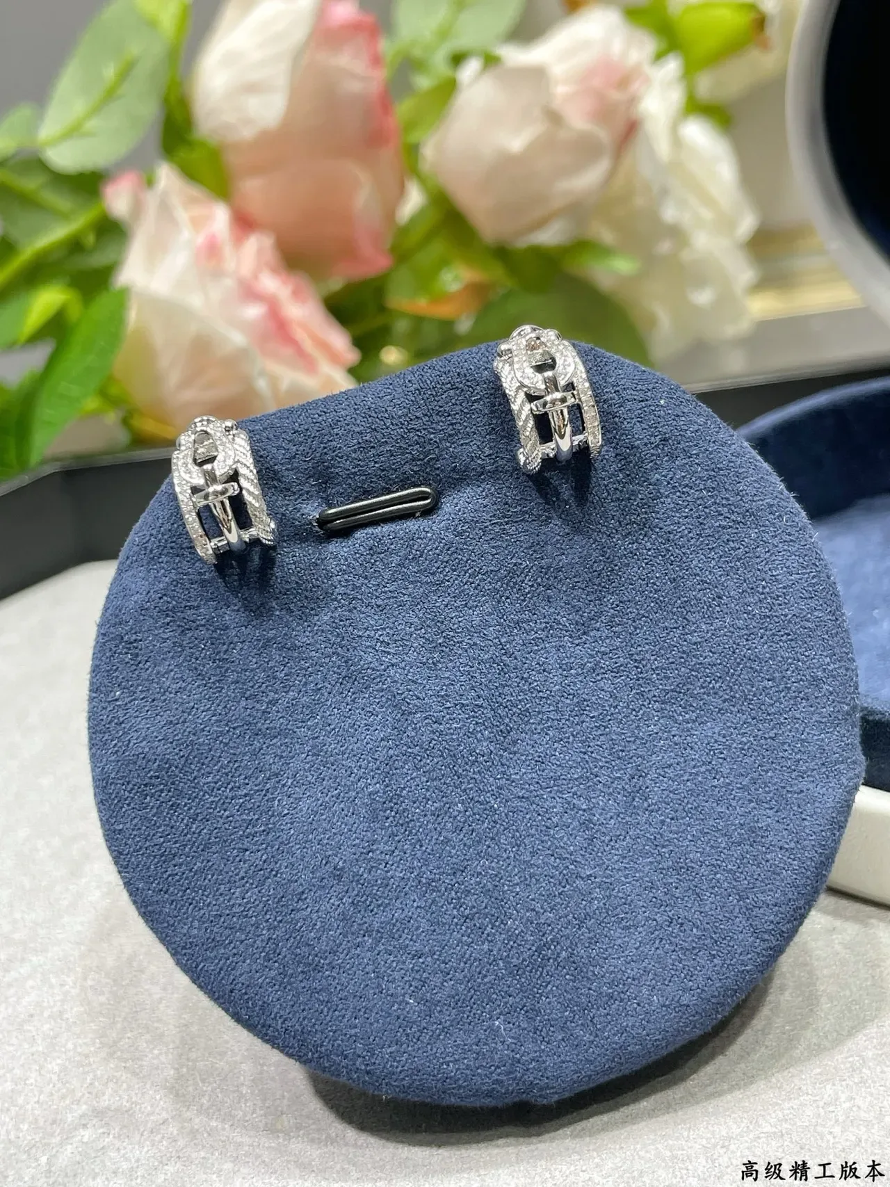 Silver Navy Pavé-Set Openwork Earrings 8