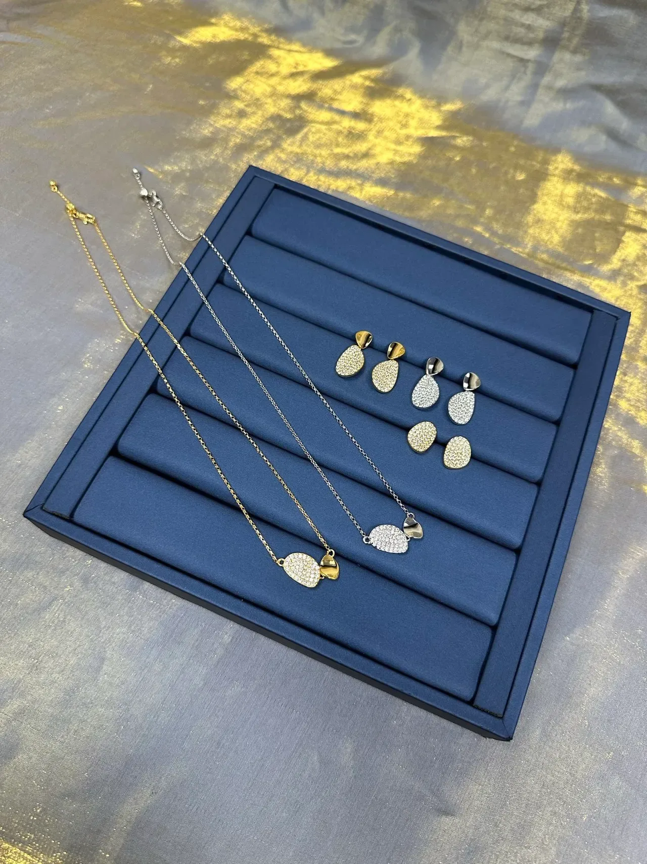 Silver Navy Pavé-Set Teardrop Dangle Two-Tier Drop Design Earrings 2