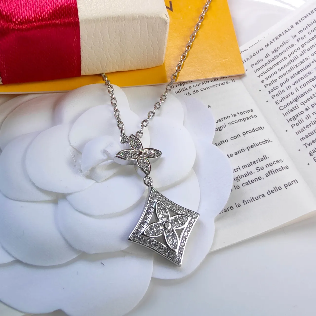 Silver Pavé-Set Floral Motif Diamond-Shaped Openwork Frame Necklace 4