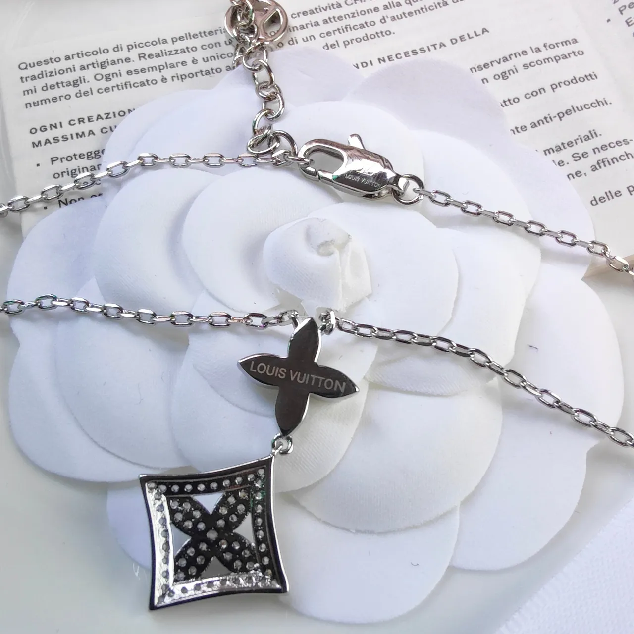 Silver Pavé-Set Floral Motif Diamond-Shaped Openwork Frame Necklace 5
