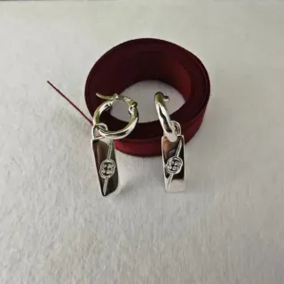 Silver Red Hoop Rectangular Pendant Earrings
