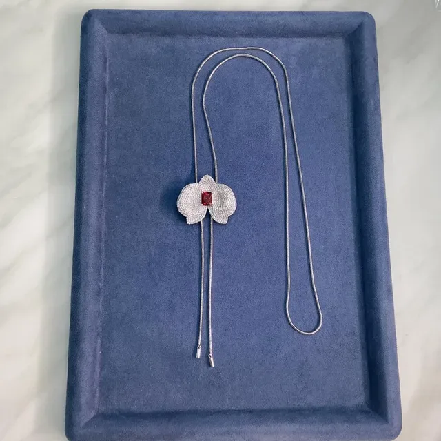 Silver Red Orchid-Shaped Pavé Pendant Dual-Drop Chain Necklace 2