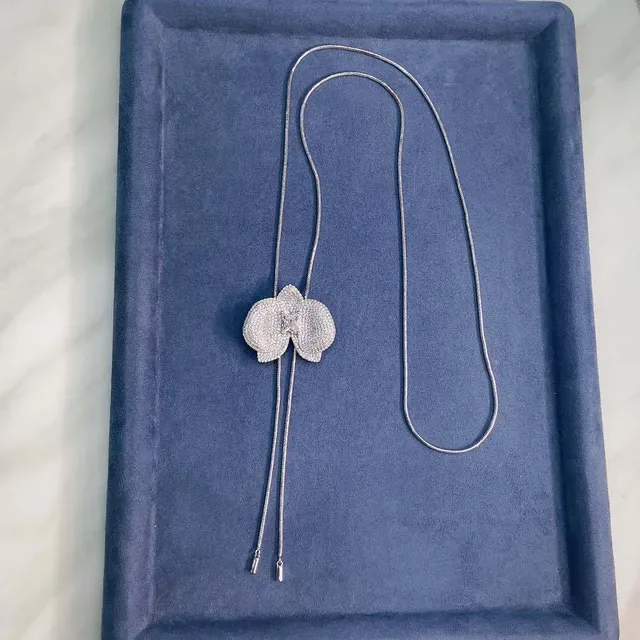 Silver Red Orchid-Shaped Pavé Pendant Dual-Drop Chain Necklace 3