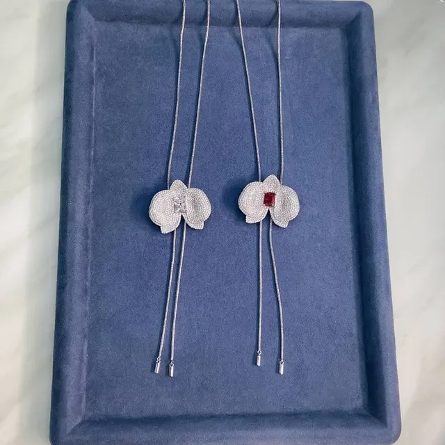 Silver Red Orchid-Shaped Pavé Pendant Dual-Drop Chain Necklace 4