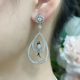 Silver-Tone Pavé Teardrop Bird Motif Dangling Earrings