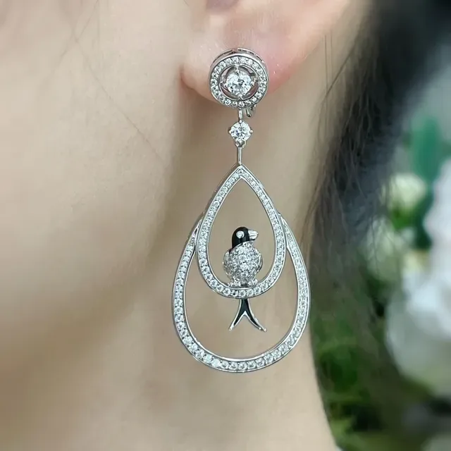 Silver-Tone Pavé Teardrop Bird Motif Dangling Earrings 9