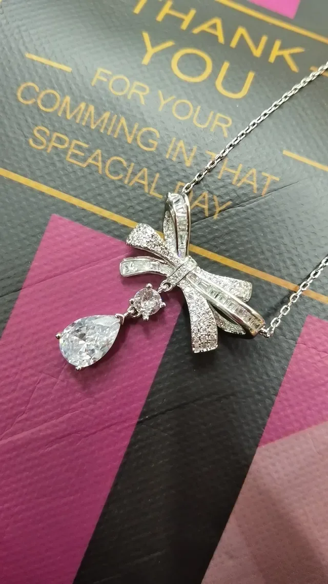 Silver Transparent Bow-Shaped Pendant Pave-Set Crystals Necklace 5